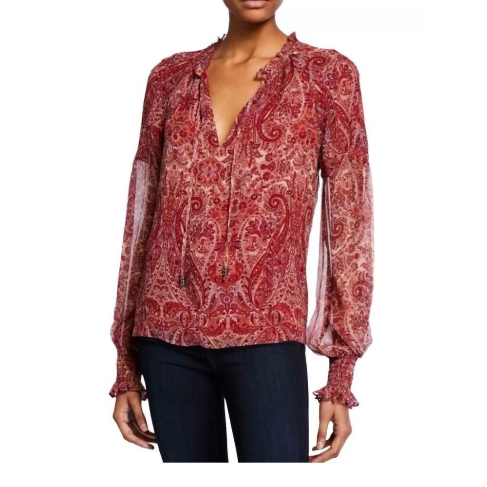 Ramy Brook Luanne Silk Blouse‎ Red Paisley Boho Peasant Smocked Sleeve Small NEW